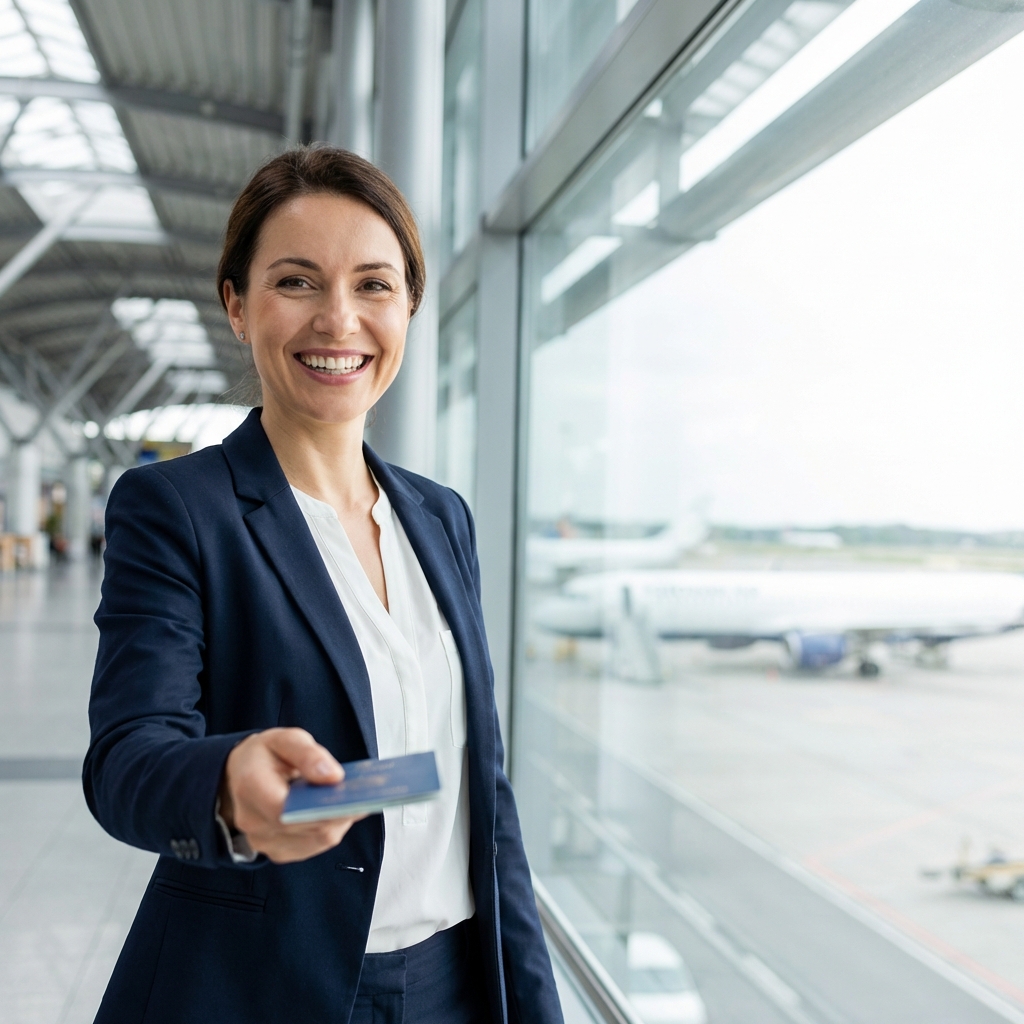 Woman holding passport at airport